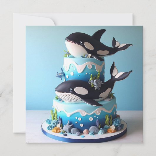 ワンダフルブラック&ホワイトオルカクジラお誕生日ケーキ カード (正面)