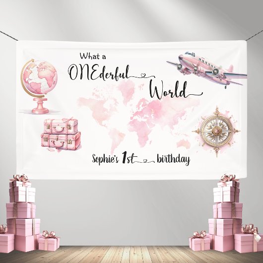 ワンダフルワールド ピンク 1歳の誕生日バナー 横断幕