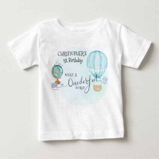 ワンダフルワールド 青い熱気球 1歳の誕生日 ベビーTシャツ (正面)