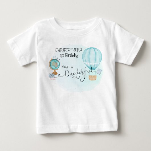 ワンダフルワールド 青い風船 1歳の誕生日 ベビーTシャツ (正面)