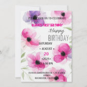 ワンダフル ピンク フラワーズ 1歳の誕生日 招待状 (正面)