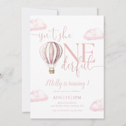 ワンダフル ピンク ホットエアバルーン ガール 1歳の誕生日 招待状 (正面)