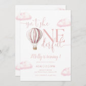 ワンダフル ピンク ホットエアバルーン ガール 1歳の誕生日 招待状 (正面/裏面)