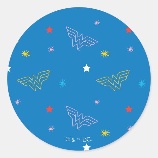 ワンダーウーマンのロゴと星の青いパターン ラウンドシール (正面)
