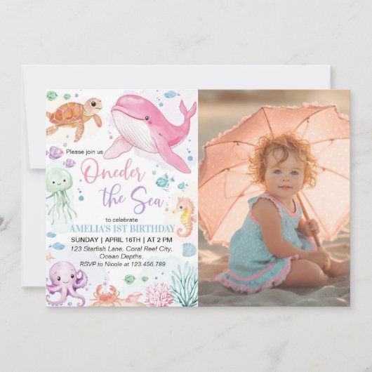 ワンダーザシーカワイイ海動物誕生日写真 招待状 (正面)