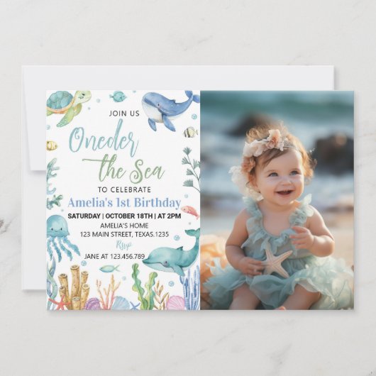 ワンダーザシーカワイイ海動物誕生日写真 招待状 (正面)