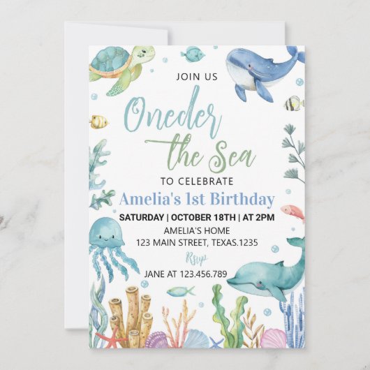 ワンダーザシーキュート海動物誕生日 招待状 (正面)