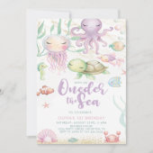 ワンダーザシーパープル下の海の最初の誕生日 招待状 (正面)