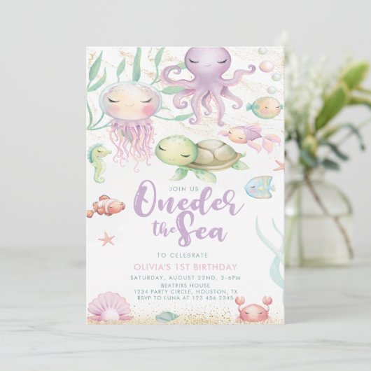ワンダーザシーパープル下の海の最初の誕生日 招待状 (スタンド正面)