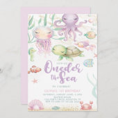 ワンダーザシーパープル下の海の最初の誕生日 招待状 (正面/裏面)