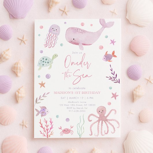 ワンダーザシーピンクパステル1st誕生日 招待状