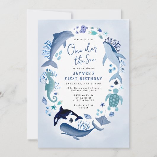 ワンダーザシーブルー海動物第1誕生日 招待状 (正面)