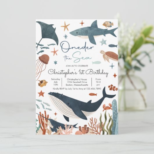 ワンダーザシーホエールシャーク海の生活1st誕生日 招待状 (スタンド正面)