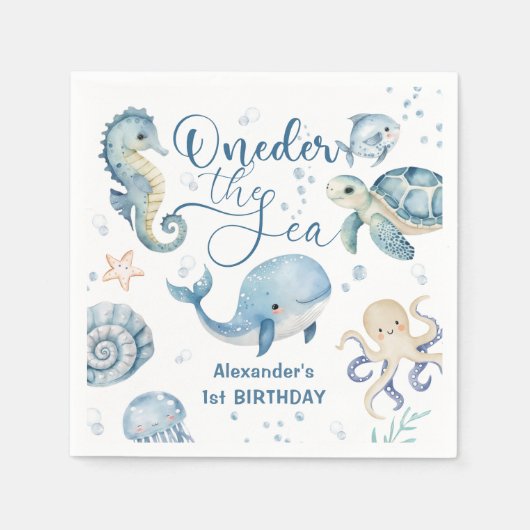 ワンダーザシーボーイ1st誕生日かわいいブルー海 スタンダードカクテルナプキン (正面)