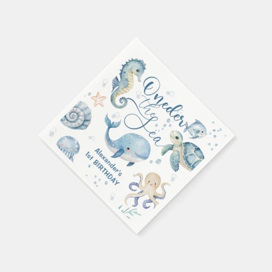 ワンダーザシーボーイ1st誕生日かわいいブルー海 スタンダードカクテルナプキン (角)