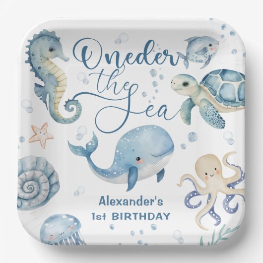 ワンダーザシーボーイ1st誕生日かわいいブルー海 ペーパープレート (正面)