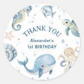 ワンダーザシーボーイ1st誕生日かわいいブルー海 ラウンドシール (正面)