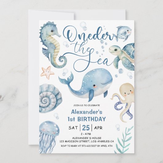 ワンダーザシーボーイ1st誕生日かわいいブルー海 招待状 (正面)