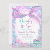 ワンダーザシーマーメイドパープルティール（緑がかった色）ファースト誕生日 招待状 (正面)