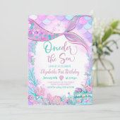 ワンダーザシーマーメイドパープルティール（緑がかった色）ファースト誕生日 招待状 (スタンド正面)