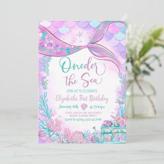 ワンダーザシーマーメイドパープルティール（緑がかった色）ファースト誕生日 招待状 (スタンド正面)
