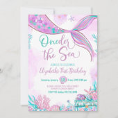 ワンダーザシーマーメイドパープルティール（緑がかった色）ファースト誕生日 招待状 (正面)