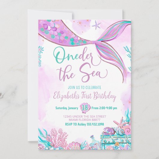 ワンダーザシーマーメイドパープルティール（緑がかった色）ファースト誕生日 招待状 (正面)
