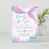 ワンダーザシーマーメイドパープルティール（緑がかった色）ファースト誕生日 招待状 (スタンド正面)