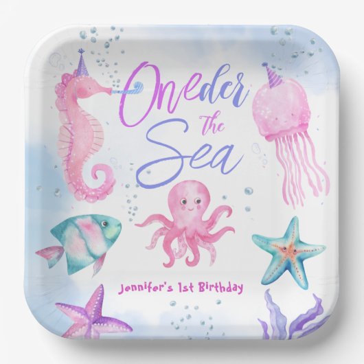 ワンダーザシーマーメイド1歳の誕生日かわいい海 ペーパープレート (正面)