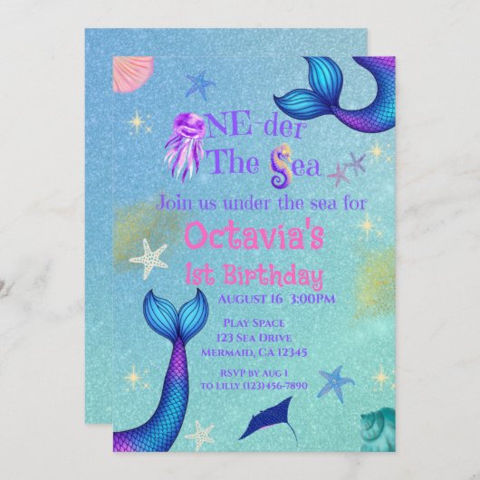 ワンダーザシー招待状 | マーメイド誕生日 招待状 (正面/裏面)