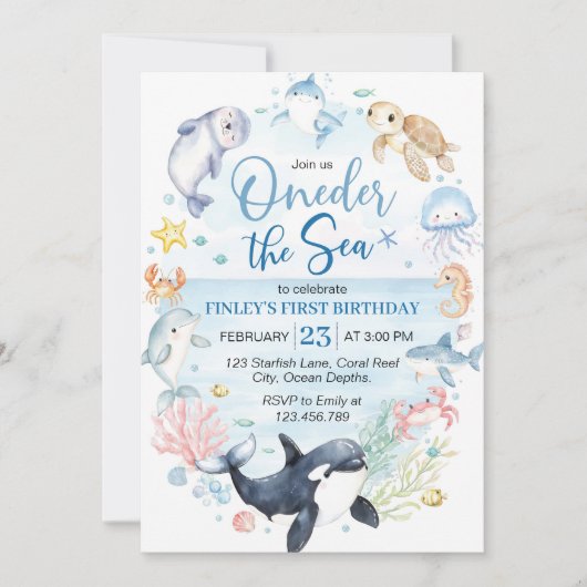 ワンダーザシー海動物子供の誕生日 招待状 (正面)