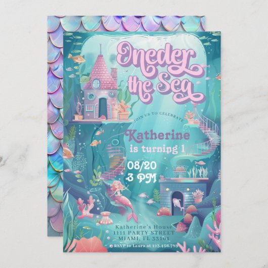 ワンダーザシー誕生日マーメイド1st誕生日パーティー 招待状 (正面/裏面)