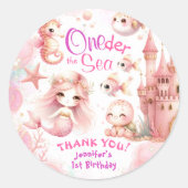 ワンダーザシー1st誕生日かわいい女の子ピンク人魚 ラウンドシール (正面)