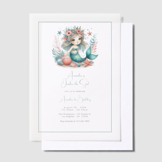 "ワンダーザシー"ベルムマーメイド最初の誕生日 ベラム紙招待状 (オフセット)