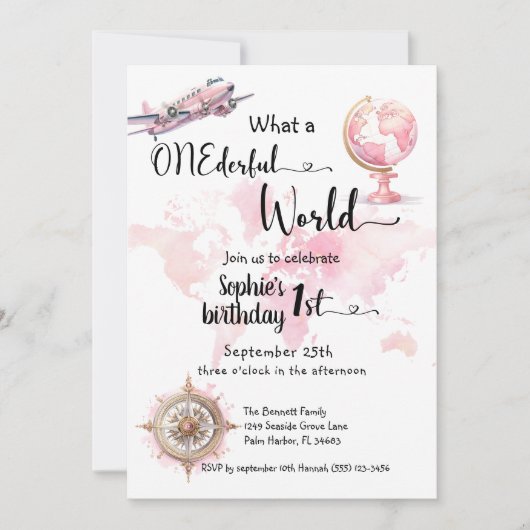 ワンダーフル世界ピンク旅行ガール1歳の誕生日 招待状 (正面)