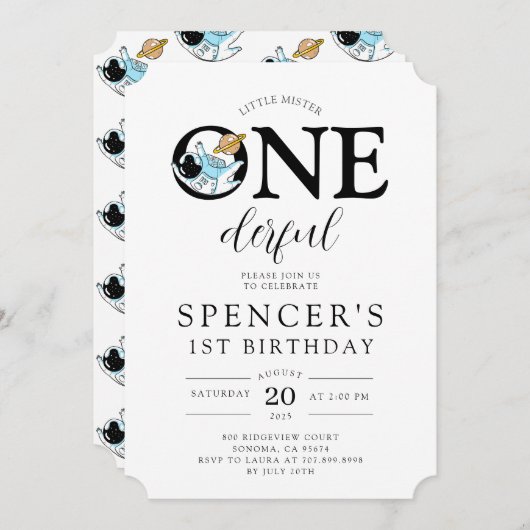 ワンダーフル宇宙飛行士ボーイズ誕生日招待状 招待状 (正面/裏面)