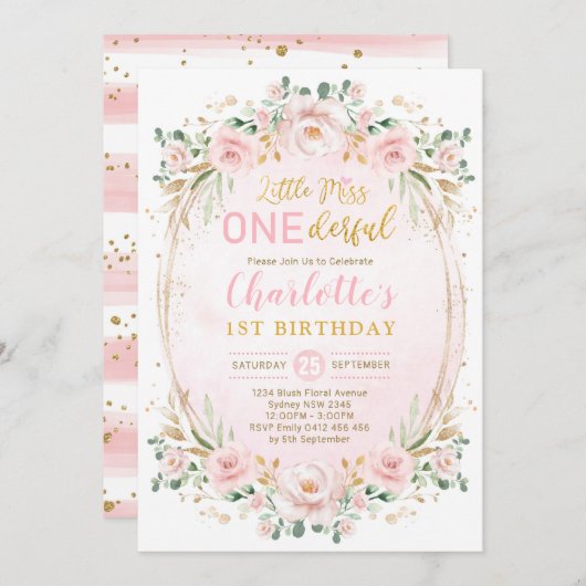 ワンダーフ恋しく思ル赤面ピンク金ゴールドフローラ1日目の誕生日 招待状 (正面/裏面)