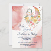 ワンダーランドお洒落ピンクペンギン赤ちゃんシャワーガール 招待状 (正面)