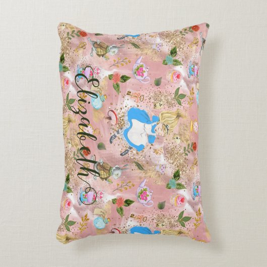 ワンダーランドでかわいいアリスの冒険グリッター名 アクセントクッション (正面(垂直))
