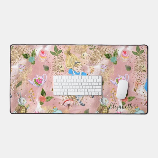 ワンダーランドでかわいいアリスの冒険グリッター名 デスクマット (キーボード&マウス)