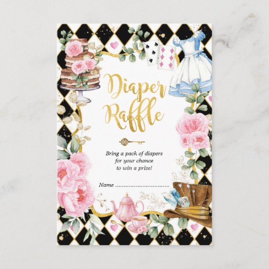 ワンダーランドのお茶のピンクアリスパーティーおむつラッフル エンクロージャーカード (正面)