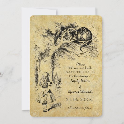 ワンダーランドのアリスヴィンテージ紙結婚ズ セーブザデート (裏面)