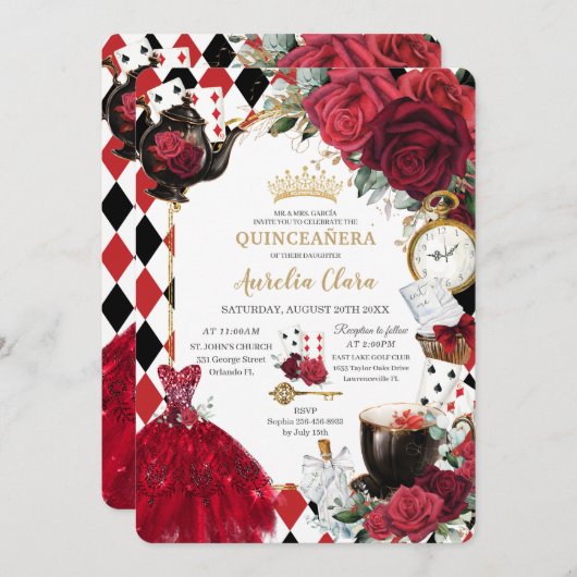 ワンダーランドのキンセアニラレッドローゼスフローラアリス 招待状 (正面/裏面)