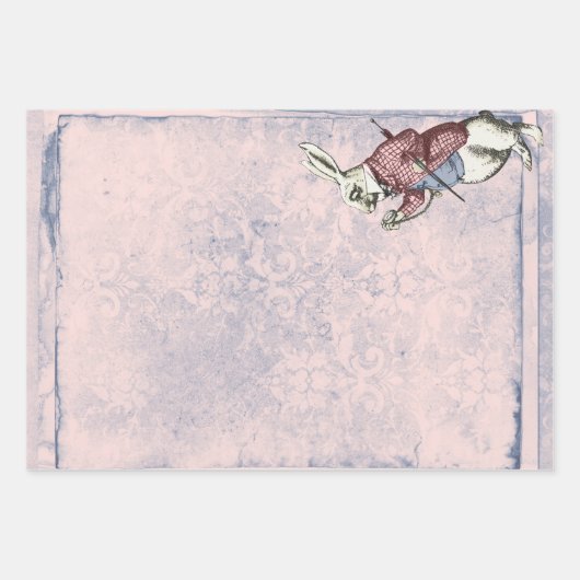 ワンダーランドのピンクと青の白うさぎアリス ラッピングペーパーシート (正面3)