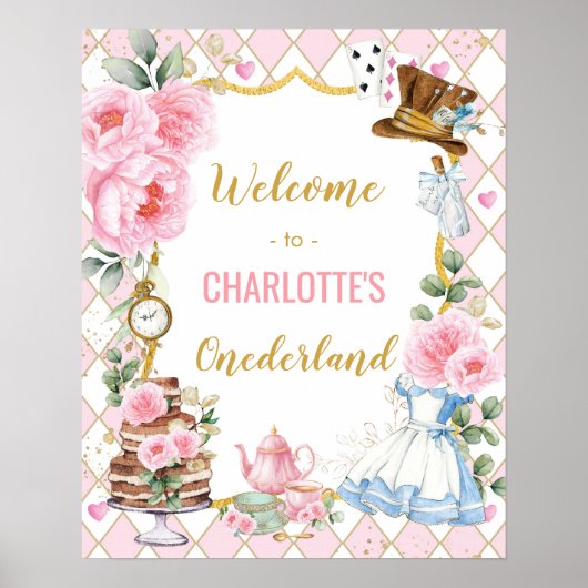 ワンダーランドのピンクのアリス1歳の誕生日へようこそ ポスター (正面)
