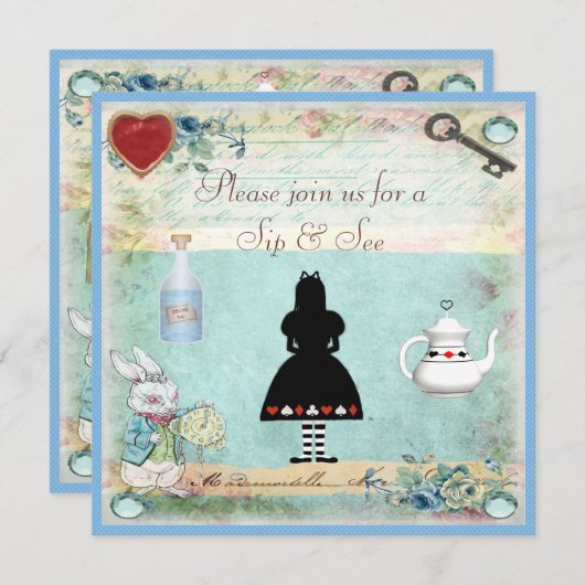 ワンダーランドのベビーシャワーでヴィンテージアリスをすすって見る 招待状 (正面/裏面)