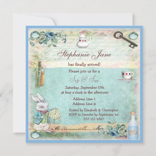 ワンダーランドのベビーシャワーでヴィンテージアリスをすすって見る 招待状 (裏面)