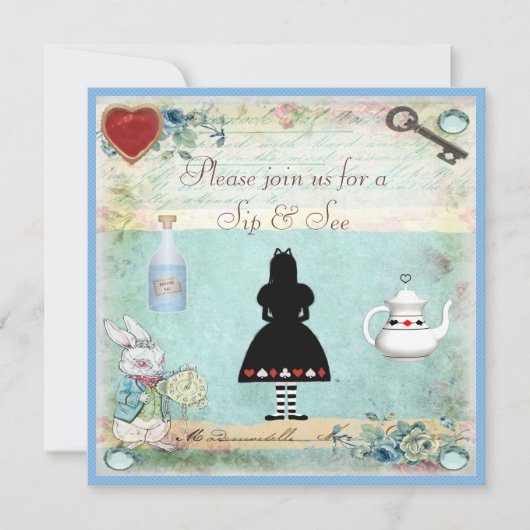 ワンダーランドのベビーシャワーでヴィンテージアリスをすすって見る 招待状 (正面)