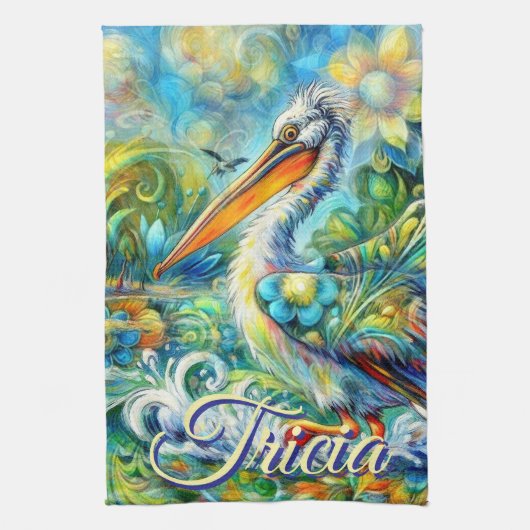 ワンダーランドのペリカンパーソナライズされたフローラ キッチンタオル (縦)