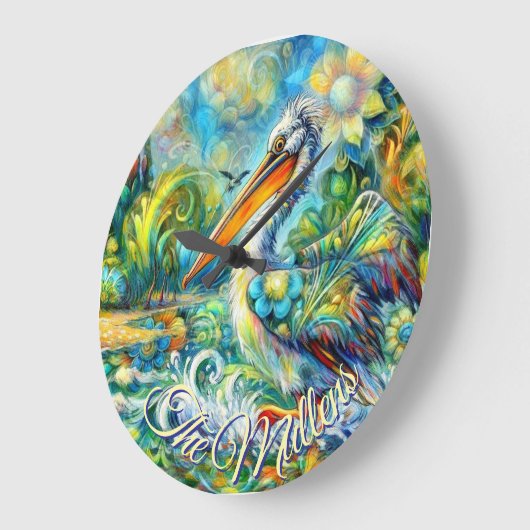 ワンダーランドのペリカンパーソナライズされたフローラ ラージ壁時計 (傾斜)